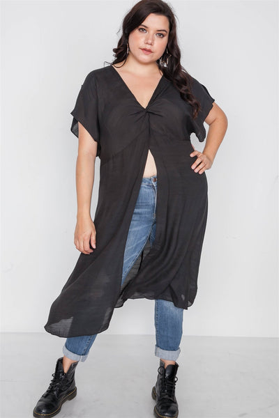 Plus Size Black Front Slit Tunic Cover-up Top