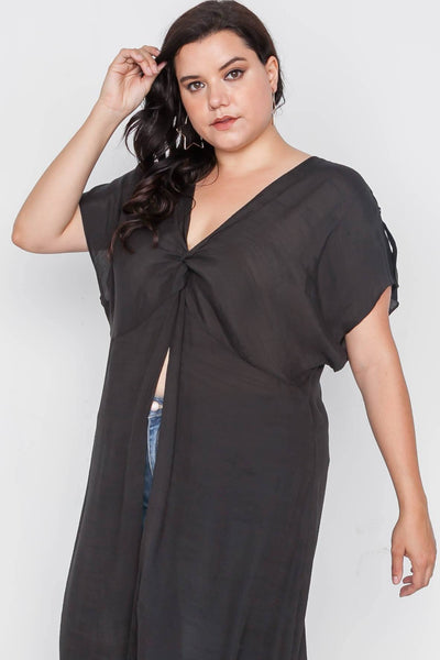 Plus Size Black Front Slit Tunic Cover-up Top
