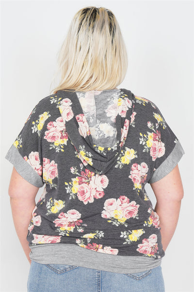 Plus Size Charcoal Mix Floral Print Pull Over Hoodie Sweater