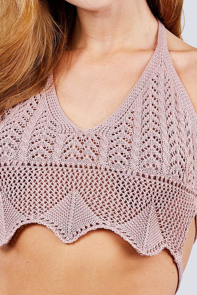 Deep V-neck Back Tied Crochet Cropped Sweater Bra Top