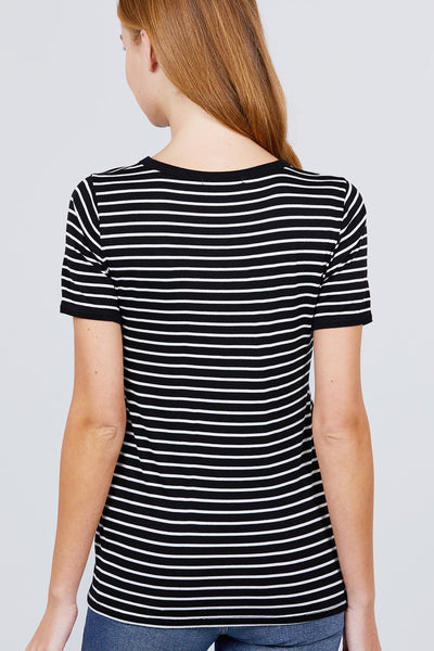 Short Sleeve Crew Neck Stripe Rayon Spandex Ringer Knit Top