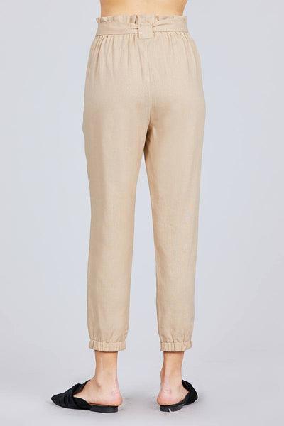Paperbag W/bow Tie Elastic Hem Long Linen Pants