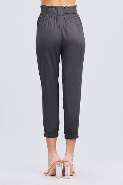 Paperbag W/bow Tie Elastic Hem Long Linen Pants