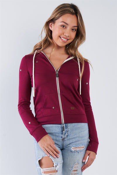 Plum Long Sleeve "be The Light" Graphic Star Studded Comfy Zip Up Hoodie