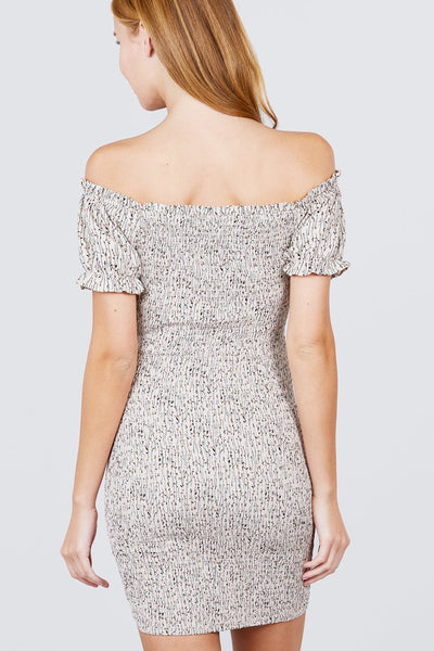 Short Sleeve Off The Shoulder All Over Smocked Print Woven Mini Dress