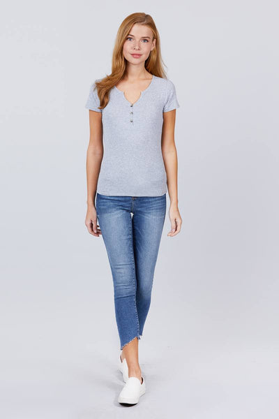 Short Sleeve W/button Detail Henley Neck Rib Knit Top