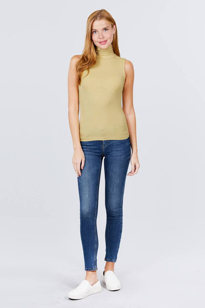 Sleeveless Shirring Turtle Neck Rib Knit Top