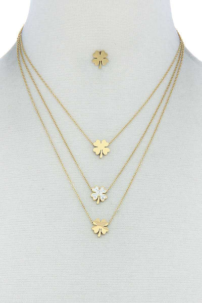 Triple Layer 4 Leaves Clover Necklace And Earring Set