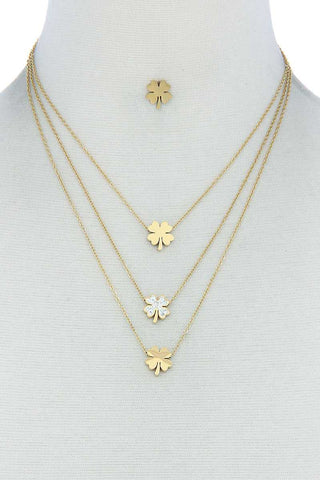 Triple Layer 4 Leaves Clover Necklace And Earring Set