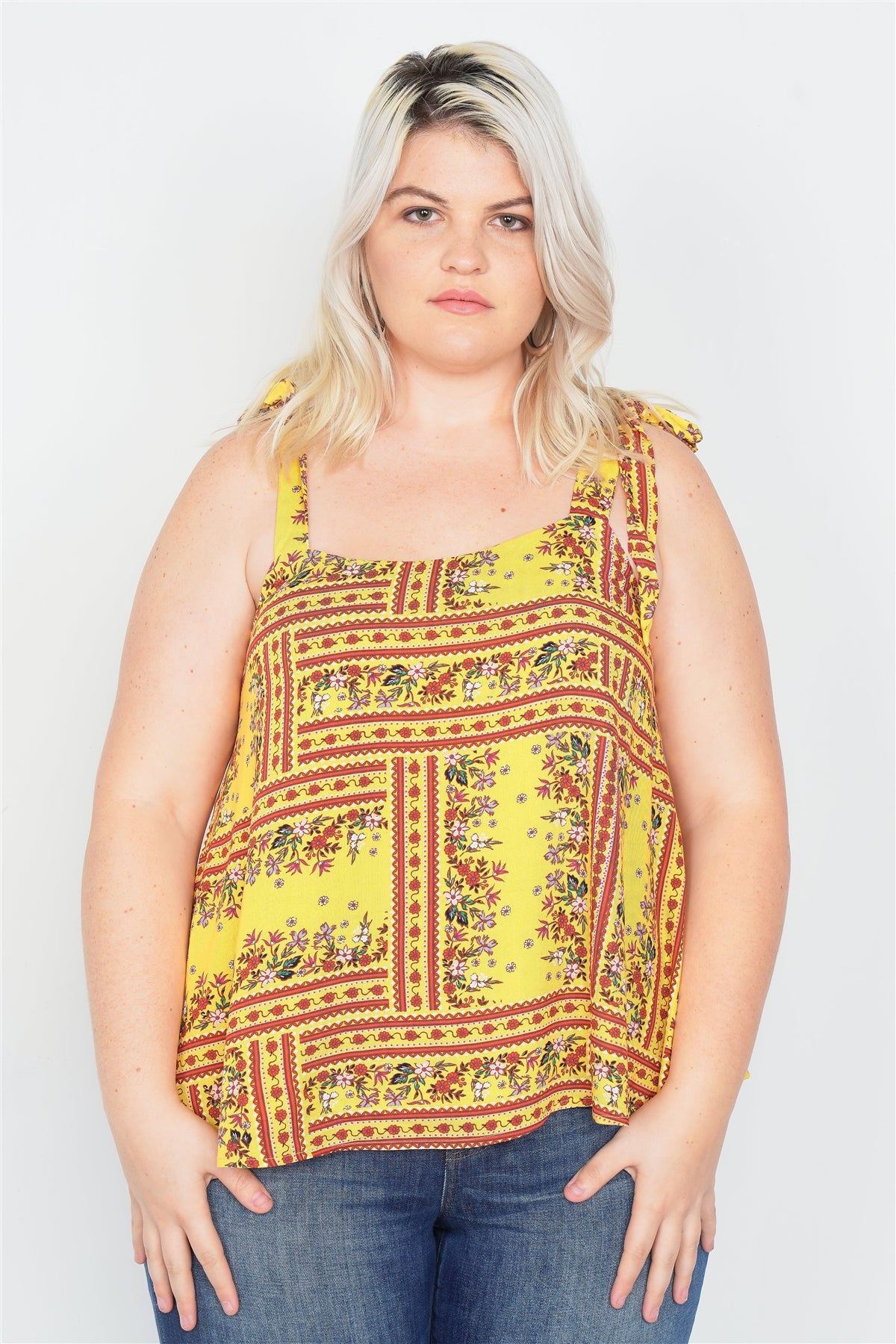 Plus Size Yellow Scoop Neck Boho Floral Print Tank Top