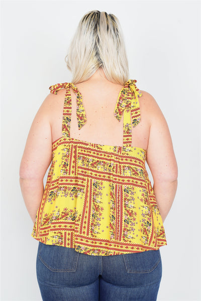 Plus Size Yellow Scoop Neck Boho Floral Print Tank Top
