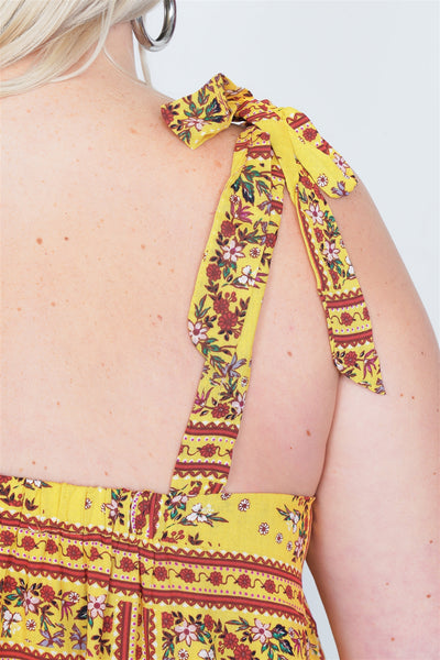 Plus Size Yellow Scoop Neck Boho Floral Print Tank Top