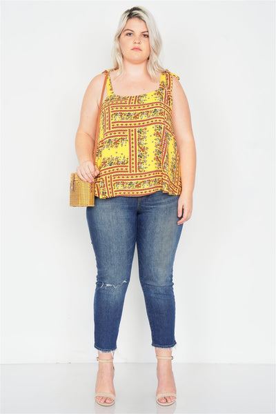Plus Size Yellow Scoop Neck Boho Floral Print Tank Top