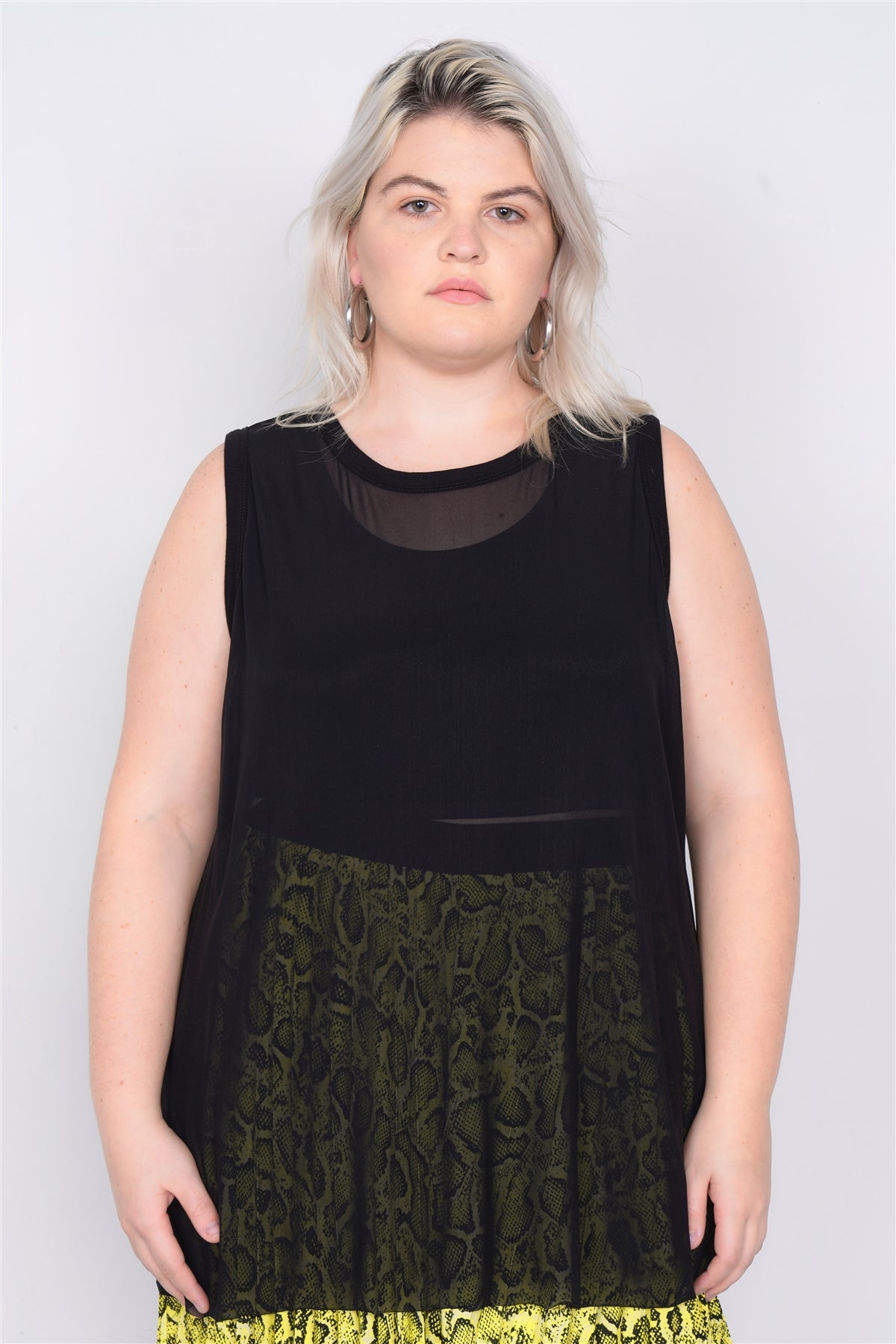 Plus Size Black Mesh Sleeveless Long Tank Top