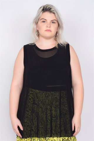 Plus Size Black Mesh Sleeveless Long Tank Top