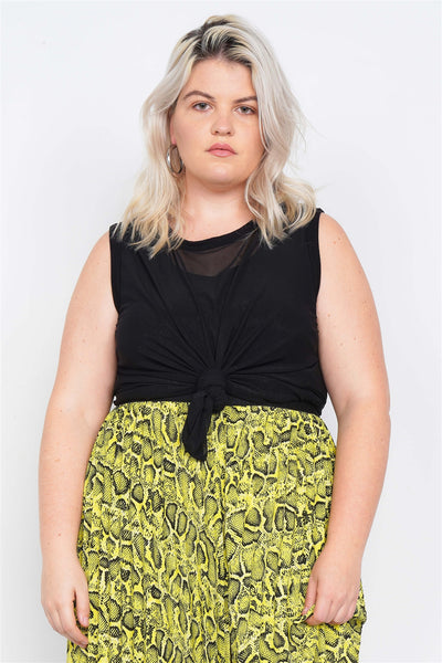 Plus Size Black Mesh Sleeveless Long Tank Top