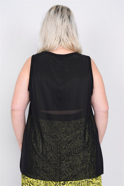 Plus Size Black Mesh Sleeveless Long Tank Top