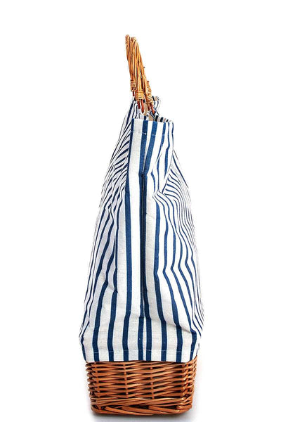 Natural Woven Straw And Striped Fabric Tote Bag