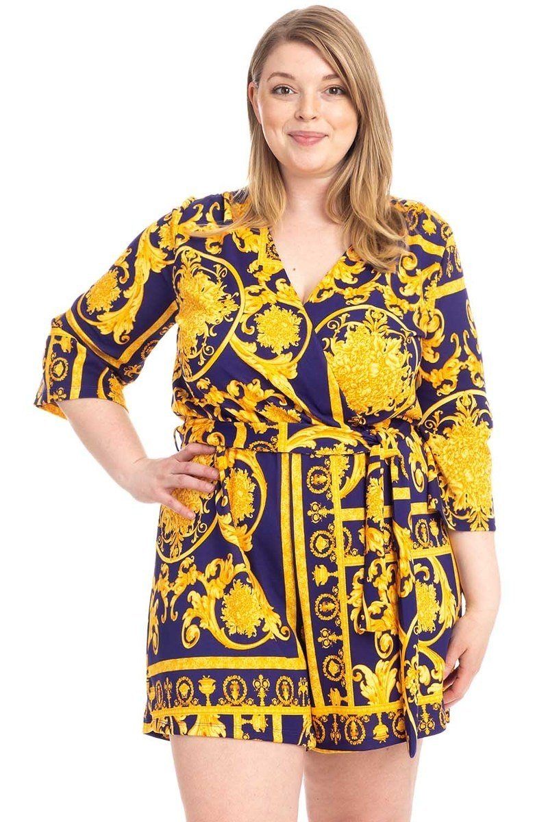 Plus Size Baroque Print V-neck Romper-
