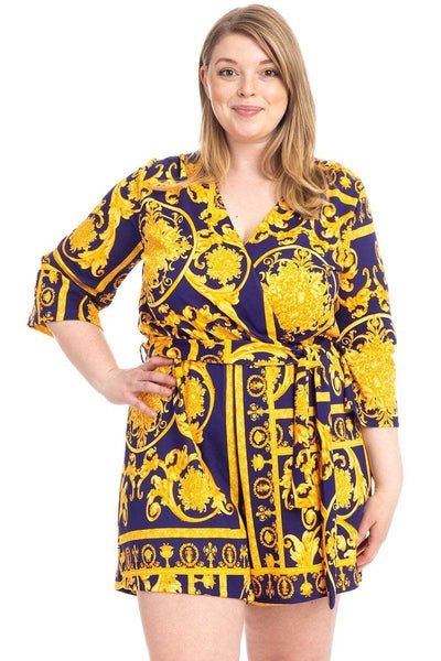 Plus Size Baroque Print V-neck Romper-
