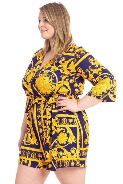 Plus Size Baroque Print V-neck Romper-