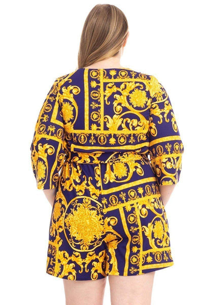 Plus Size Baroque Print V-neck Romper-