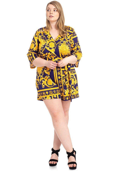 Plus Size Baroque Print V-neck Romper-