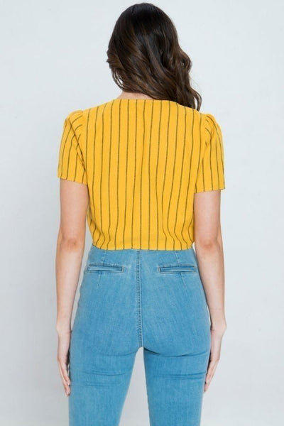 Striped Linen Top With Button-down Closure And Scarf Tie Hem