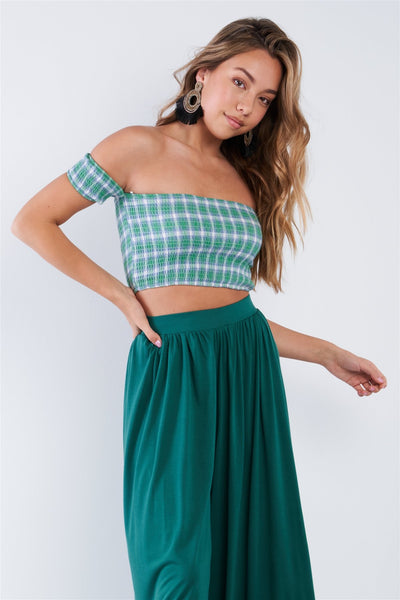 Green Checkered Cotton Chic Off-the-shoulder Crop Top