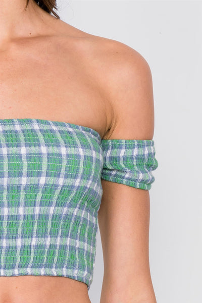 Green Checkered Cotton Chic Off-the-shoulder Crop Top