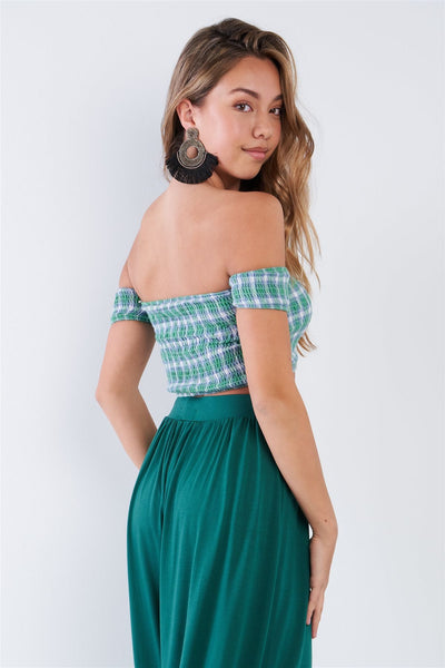 Green Checkered Cotton Chic Off-the-shoulder Crop Top