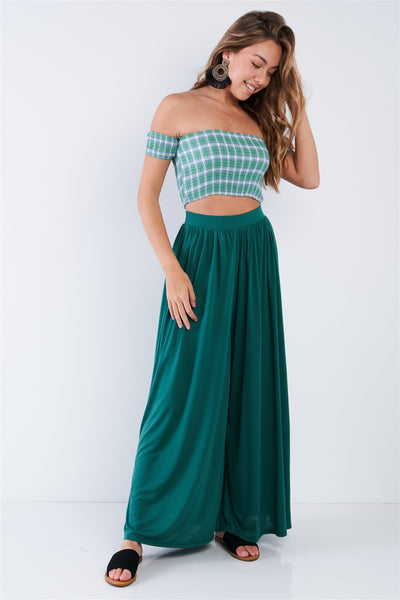 Green Checkered Cotton Chic Off-the-shoulder Crop Top