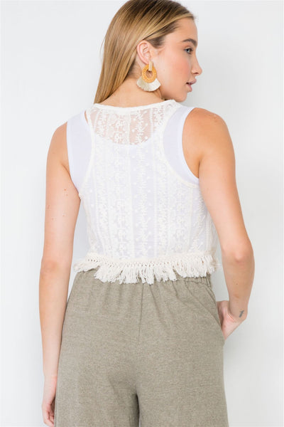 Ivory Bohemian Lace Crochet Sheer Fringe Crop Top