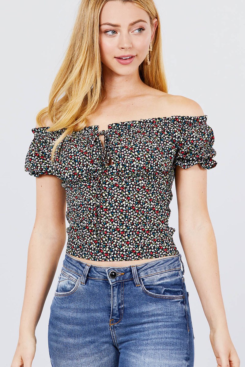 Short Sleeve Off The Shoulder Back Smocked Print Woven Top