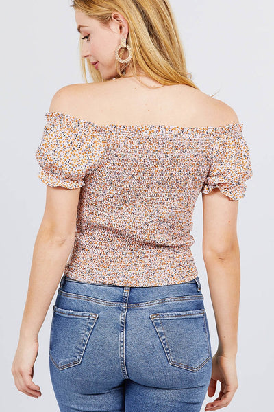 Short Sleeve Off The Shoulder Back Smocked Print Woven Top