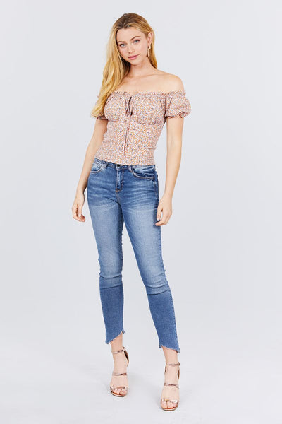 Short Sleeve Off The Shoulder Back Smocked Print Woven Top