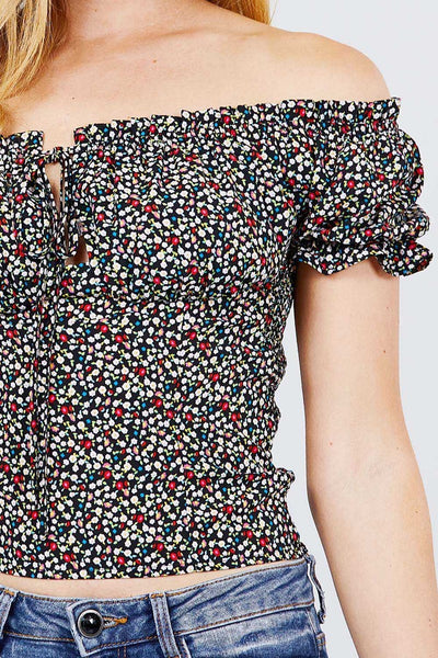 Short Sleeve Off The Shoulder Back Smocked Print Woven Top