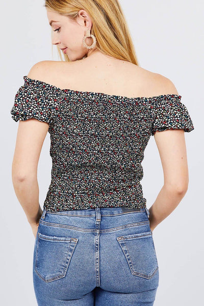 Short Sleeve Off The Shoulder Back Smocked Print Woven Top