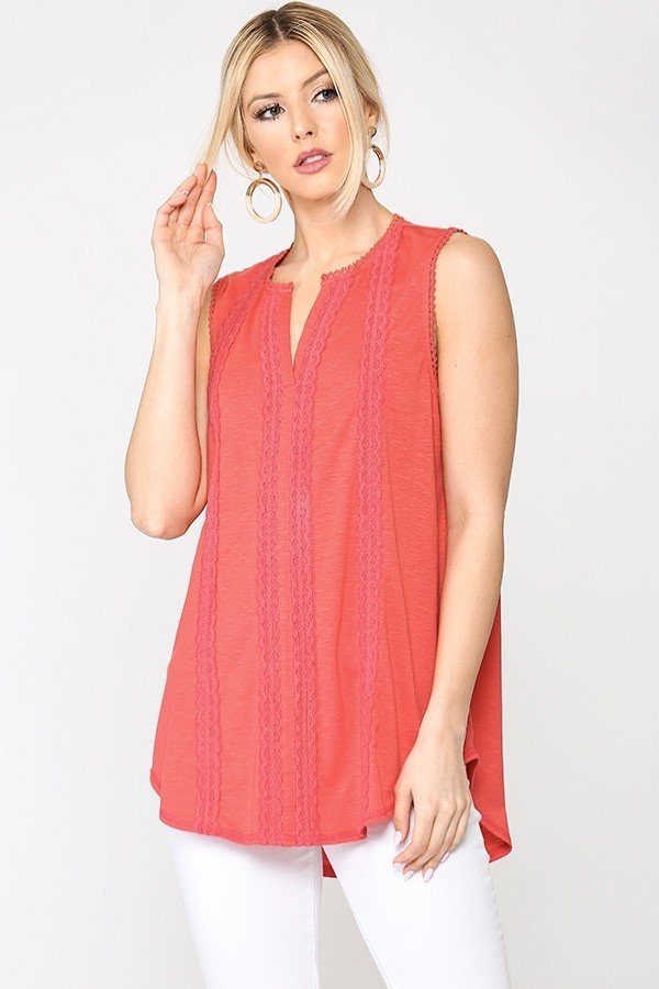 Sleeveless Lace Trim Tunic Top With Scoop Hem