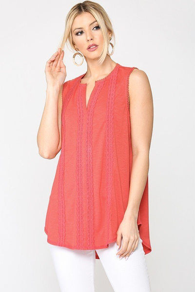 Sleeveless Lace Trim Tunic Top With Scoop Hem