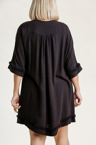 Linen Blend Round Neck Half Sleeve Dress With Chest Pocket And Frayed Edge Detail