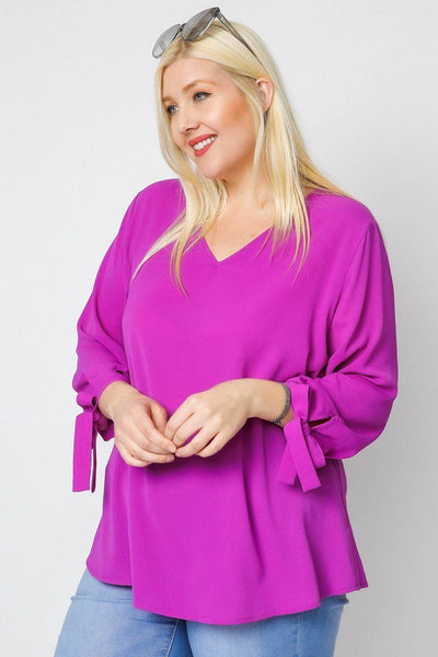 Solid V-neck 3/4 Sleeve Tie Accent Blouse Top