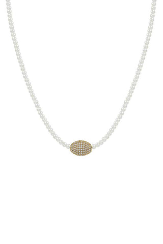 Oval Rhinestone Pendant Pearl Bead Necklace