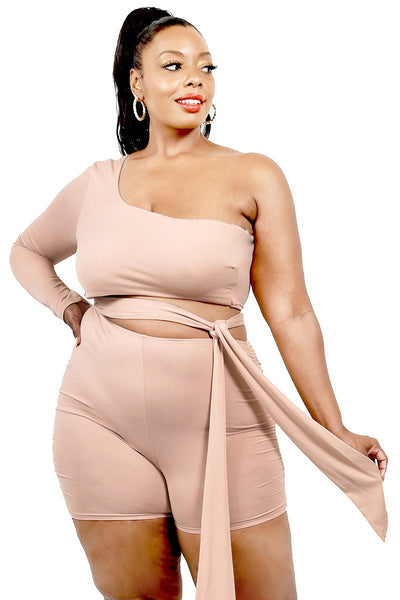 Plus Solid One Shoulder Belted Romper