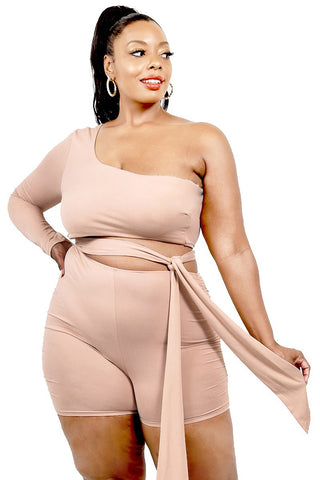 Plus Solid One Shoulder Belted Romper