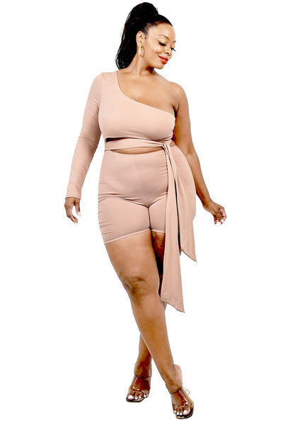 Plus Solid One Shoulder Belted Romper