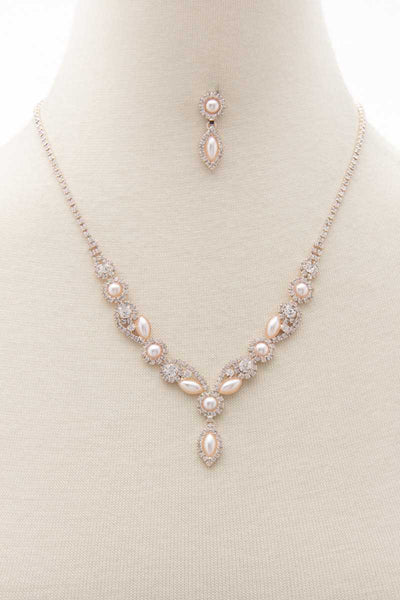 Pearl Rhinestone Marquise Shape Necklace