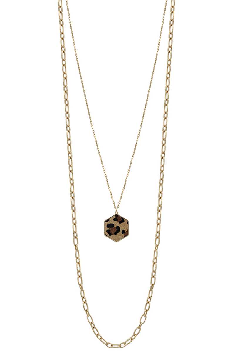 Metal 2 Layered Chain Hexagon Leopard Pendant Long Necklace