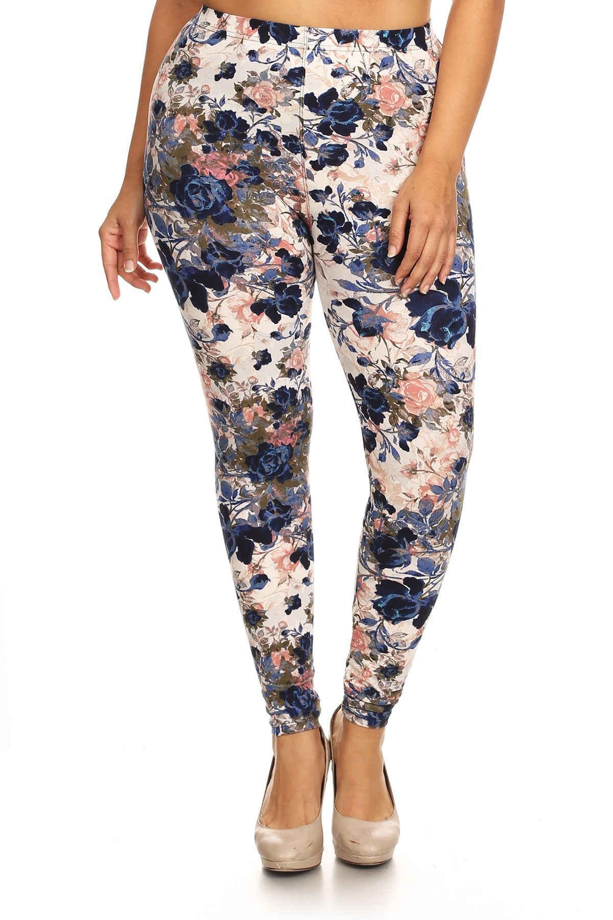Plus Size Floral Printed High Waisted Knit Leggings In Skinny Fit With Elastic Waistband