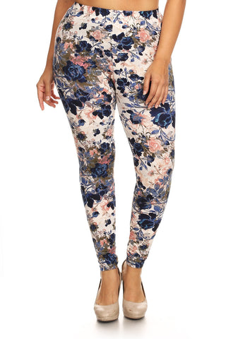 Plus Size Floral Printed High Waisted Knit Leggings In Skinny Fit With Elastic Waistband